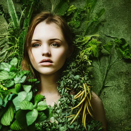 Image similar to a beautiful girl made out of plants, full body shot, 8 k, shallow depth of field, moody lighting, cinematic lighting,