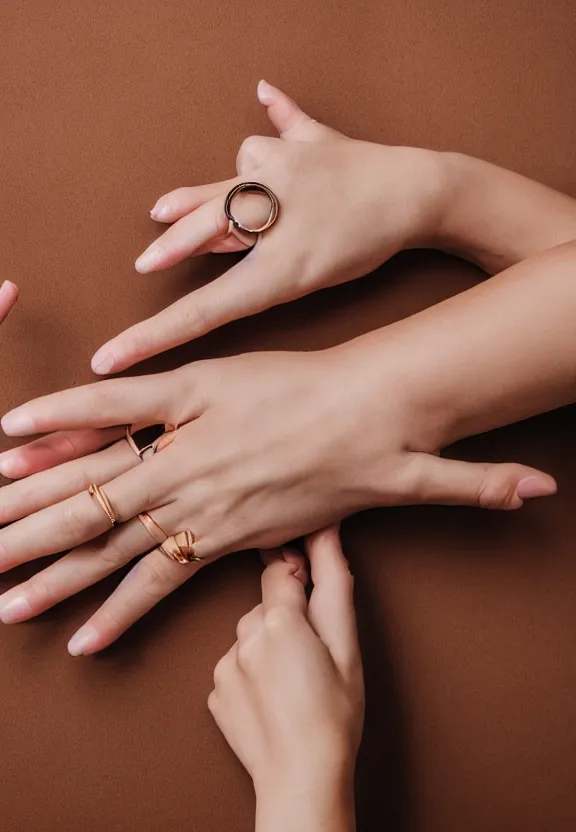 Image similar to a photo of one ultra detailed woman's palm, cupping hand gesture, point finger with ring on it, other hand not visible, instagram photo, studio photo