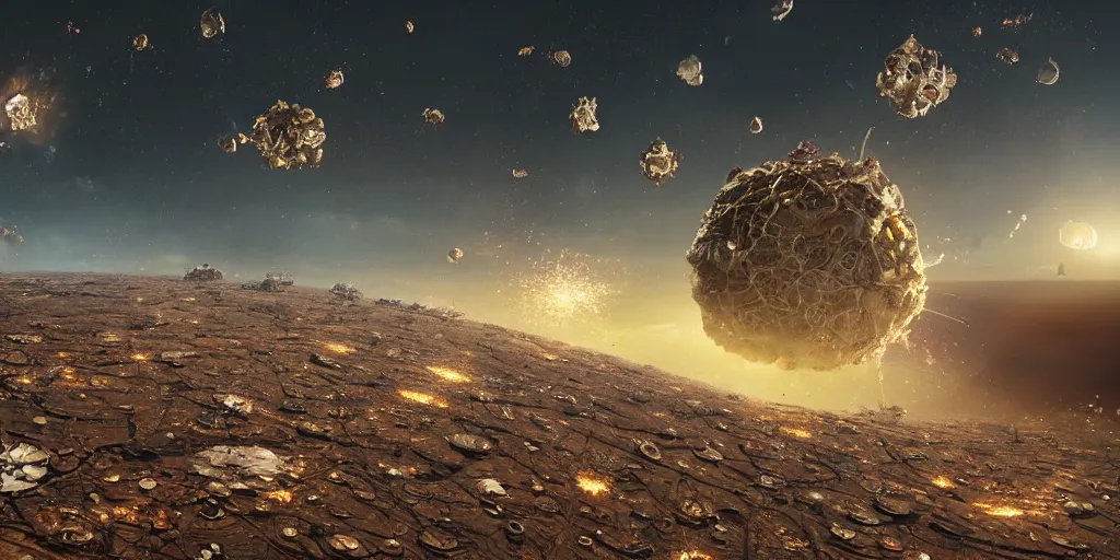 Image similar to shot from a distance of 2 5 0 million miles. a highly accurate depiction of earth slowly broken open, exploding, and pieces are floating apart. the earth is being attacked by an unbelievably huge sentient space florida crab descendants. dramatic lighting, highly coherent, highly detailed, epic, digital art, valerian, silent running, fifth element, octane 3 d render.