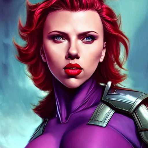 Image similar to scarlett johansson as thanos, feminine beautiful muscular fitness model wearing armor, very dark purple skin, red lips, very very strong jaw, pin up, attractive, highly detailed full body portrait, pretty face, elegant, breathtaking art, concept art, by artgerm and ilya kuvshinov