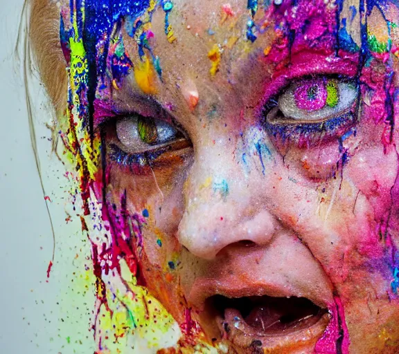 Prompt: still shot close up footage of the portrait of a female angel head made of acrylic pour and coloured powder explosion and splashing paint and dripping paint and flying paint chunks, motion blur, hyperrealistic, medical, intricate art photography, anatomically correct, realistic crisp textures, 1 6 k