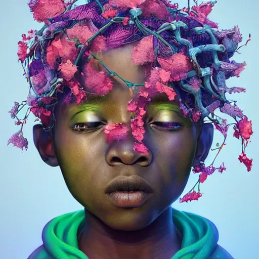 Image similar to colourful vfx art - portrait of crying nigerian boy wrapped in flowers & vines, art by hsiao - ron cheng & james jean, volumetric light, ray tracing, sharp, detailed, digital painting, illustration, highly detailed, intricate detail, unreal engine, octane render, pinterest, behance, art station,