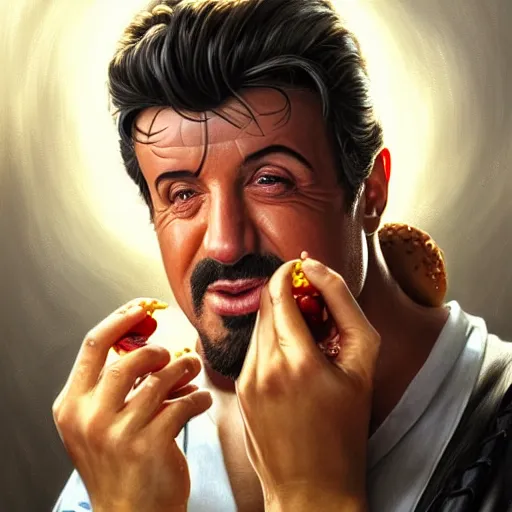 Image similar to portrait of Stallone eating hamburgers, extra onions and ketchup, luscious patty with sesame seeds, feminine ethereal, handsome, D&D, fantasy, intricate, elegant, highly detailed, digital painting, artstation, concept art, matte, sharp focus, illustration, art by Artgerm and Greg Rutkowski and Alphonse Mucha