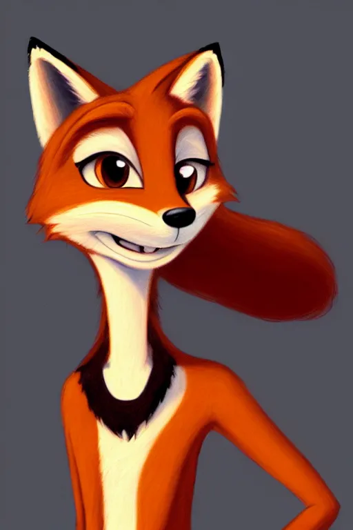 Image similar to oil painting of anthromorphic female fox, in style of zootopia, female fursona, furry, furaffinity, 4 k, deviantart, furry art, fursona art, wearing black business suit, business suit, fox fursona, nick wilde female, female, smug expression,