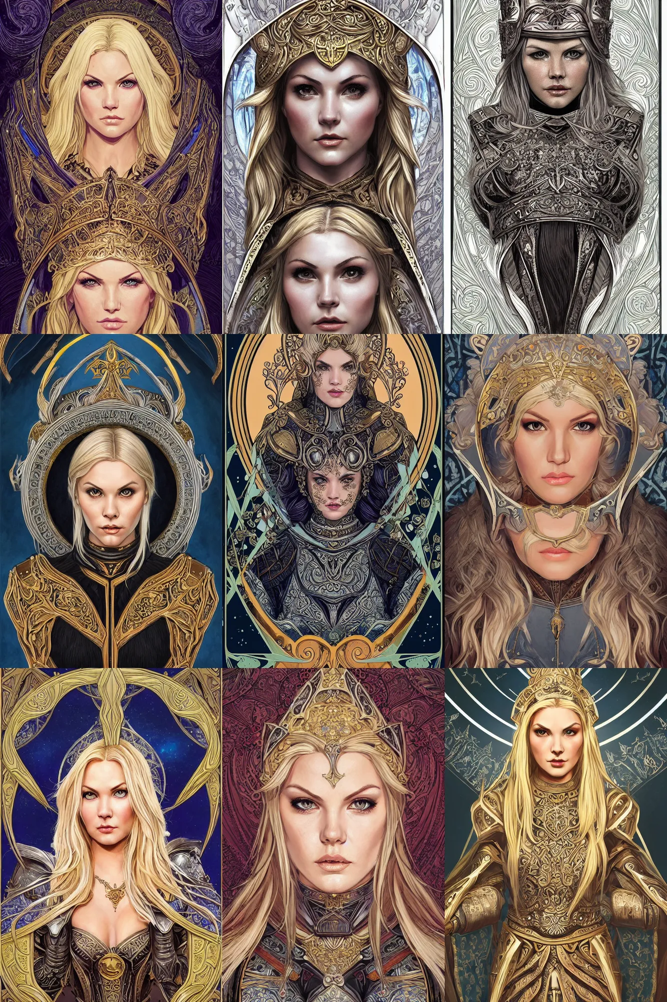 Image similar to head-on symmetrical centered painted portrait, Elisha Cuthbert as a paladin, blonde hair, ornate heavy plate armour, art nouveau, tarot card style, medieval robes, fantasy, intricate, elegant, highly detailed, smooth, sharp focus, illustration, artstation, in the style of Artgerm and Anna Podedworna and Alex Ross and Mucha