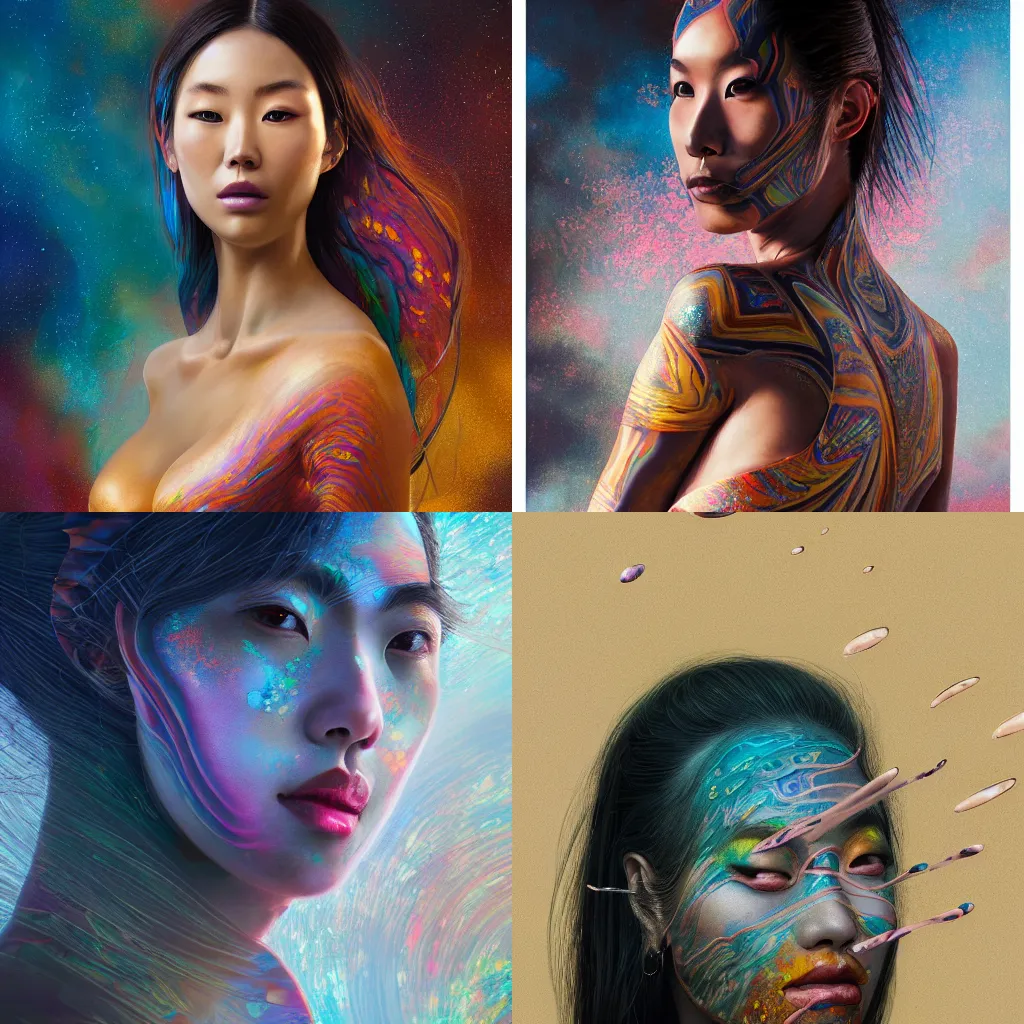 Prompt: a matte painting of a stunningly beautiful japanese woman with skin made of double sided koroit patterned boulder opal, paint swirl aesthetic, by Sam Spratt and Dan Mumford, 8k resolution, ultra-high definition, UHD, metal materials, marble materials, wood materials