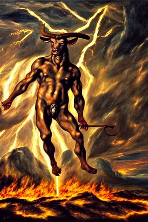Image similar to oil painting of a minotaur standing in front of a city on fire, photorealism, photo-realistic, 4k, highly detailed,, dramatic lightning, by El Greco,
