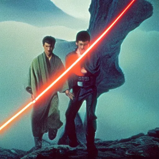 Image similar to 35mm film still jedi training with laser sword on an epic mountain, blade runner set in a rainy tropical forest, cool colors, moody, by Alex grey
