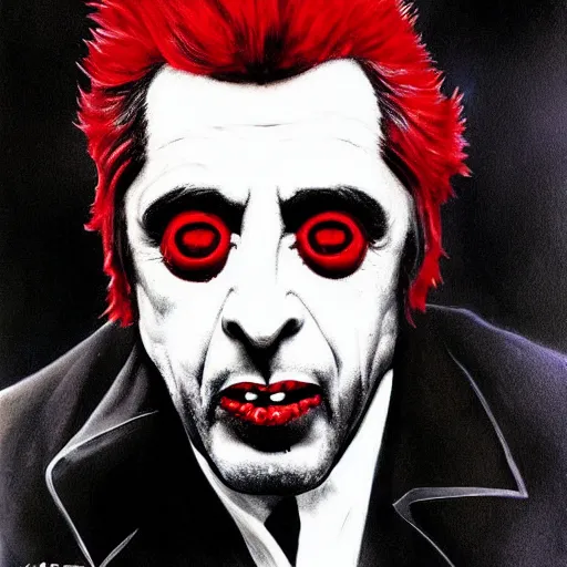 Prompt: al pacino devilish version. an unnatural abomination, red skin. black eyes, fangs. grunge, horror, dmt, dark and muted colors, detailed airbrush art, by yves klein