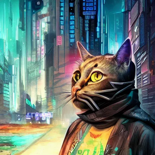 Image similar to saimese cat cyberpunk dsytopian future