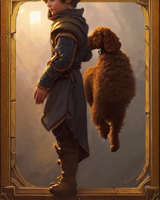 Prompt: A boy and a goldendoodle dog hugging, deep focus, D&D, fantasy, intricate, elegant, highly detailed, digital painting, artstation, concept art, matte, sharp focus, illustration, hearthstone, art by Artgerm and Greg Rutkowski and Alphonse Mucha