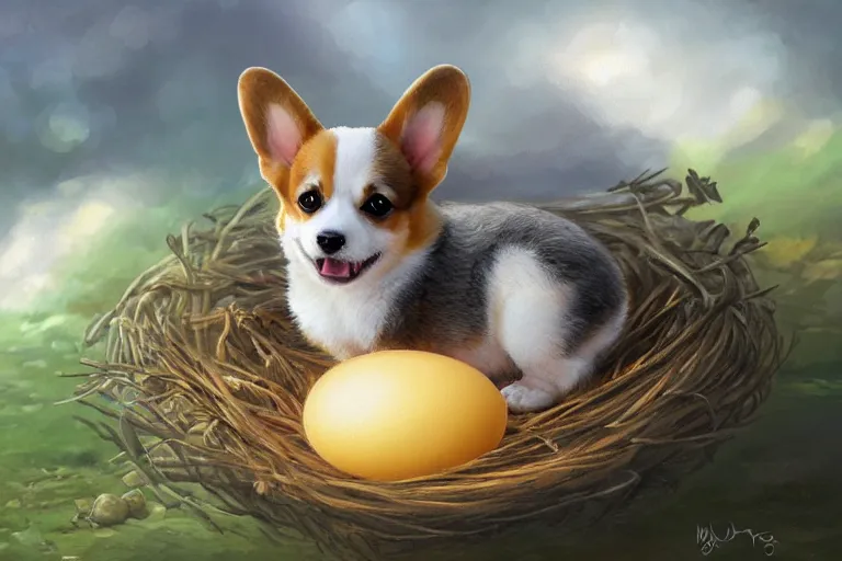 Image similar to a baby corgi crawling out of an egg laying in a nest, fantasy art, oil painting, concept art, 4 k, extremely detailed, realistic,