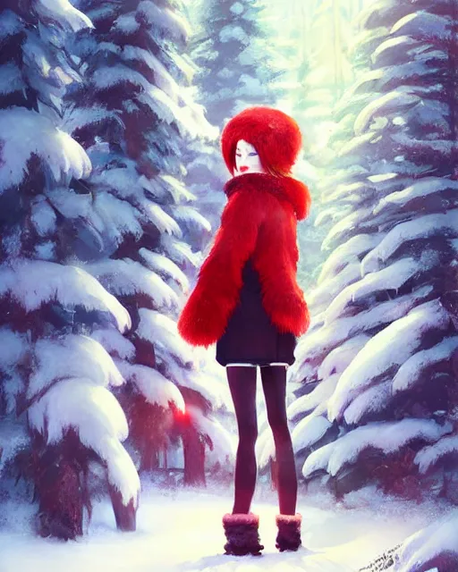 Image similar to emma stone with red hair in ushanka, winter forest decoration on the background, a beautiful half body illustration, top lighting, perfect shadow, soft painting, art by hidari and krenz cushart and wenjun lin