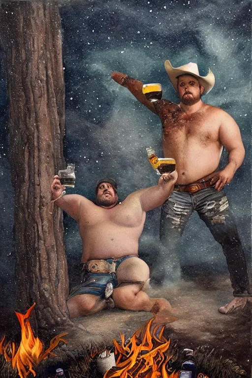 Prompt: a dramatic, epic, ethereal painting of a handsome thicc shirtless cowboy with a beer belly wearing a cowboy hat and large belt | background is a late night campfire with food and jugs of whisky | homoerotic | fire, flames, stars, tarot card, art deco, art nouveau, mosaic, intricate | by Mark Maggiori | trending on artstation