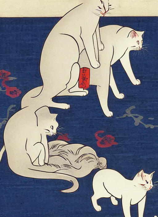 Image similar to whitecat with 2 baby white cats of utagawa hiroshige, digital painting 4 k uhd image, highly detailed