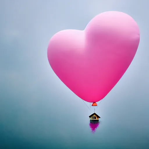 Prompt: a 5 0 mm lens photograph of a cute pink floating modern house, floating in the air between clouds, inspired by the movie up, held up from above by a heart - shaped ballon. mist, playful composition canon, nikon, award winning, photo of the year