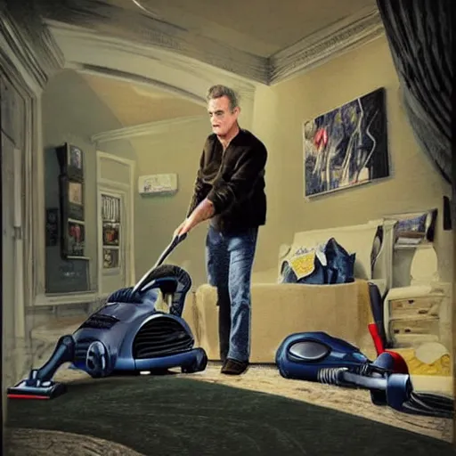 Image similar to Jordan Peterson cleans his room with a vacuum, motivational poster, inspirational art, high detail, realistic, mid shot, open, sharp