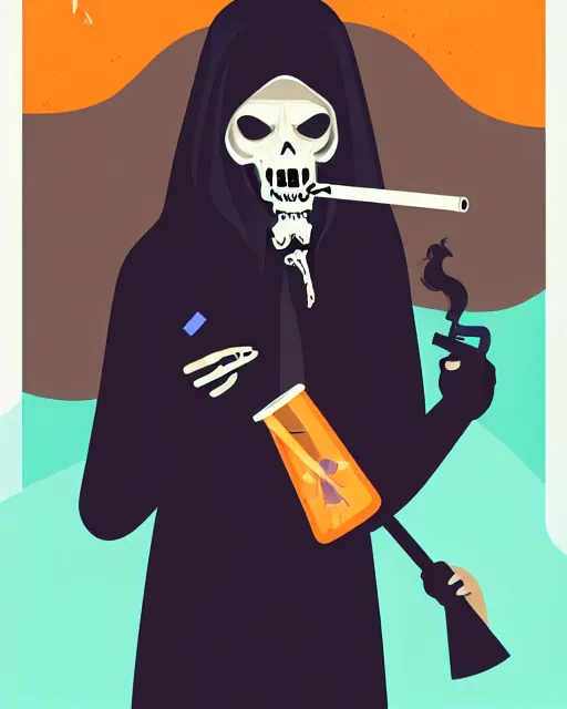 Prompt: a vector based illustration of a grim reaper smoking a bong, head and shoulders shot, by sachin teng and loish, vibrant, vector art, award winning, stunning, trending on art station, highly detailed