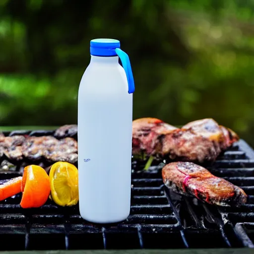 Prompt: a water bottle on a grill, professional food photography