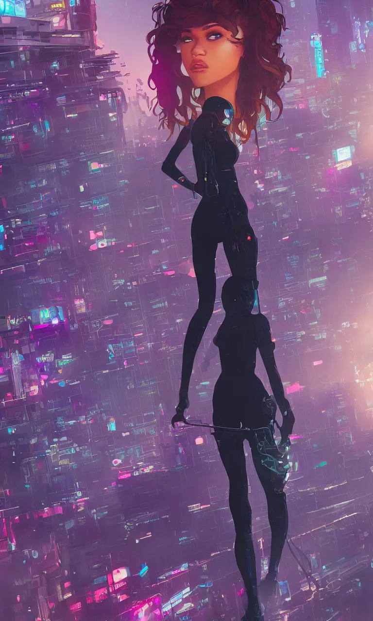 Image similar to zendaya crushing it as a cyberpunk hero standing on the rooftop of cybertown, art poster, full body, t - pose, character design, ambient lighting, 4 k, lois van baarle, ilya kuvshinov, rossdraws, alphonse mucha, jung gi kim, dylan kowalsk, artstation