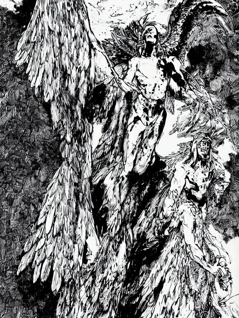 Image similar to a shaman standing on the edge of a cliff wearing a cape made of wings, by guido crepax