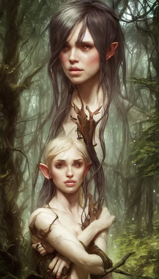 Prompt: fragile sad elf in forest, fit, warhammer, fame of thrones, lord of the rings, sweaty, intricate, highly detailed, digital painting, artstation, concept art, smooth, sharp focus, illustration, unreal engine 5, 8 k, art by artgerm and greg rutkowski and alphonse mucha