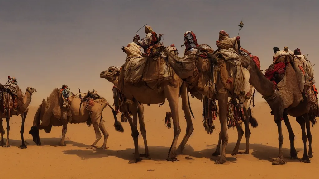 Image similar to view of arabian merchants riding camels in the desert, rule of thirds, high quality, watercolored, jakub rozalski, dark colours, dieselpunk, artstation