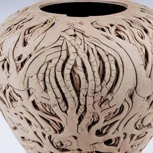 Image similar to the yggdrasil multiverse vase. highly detailed carving on southern ice porcelain, partially glazed, woodfired, 85mm dslr art gallery photo