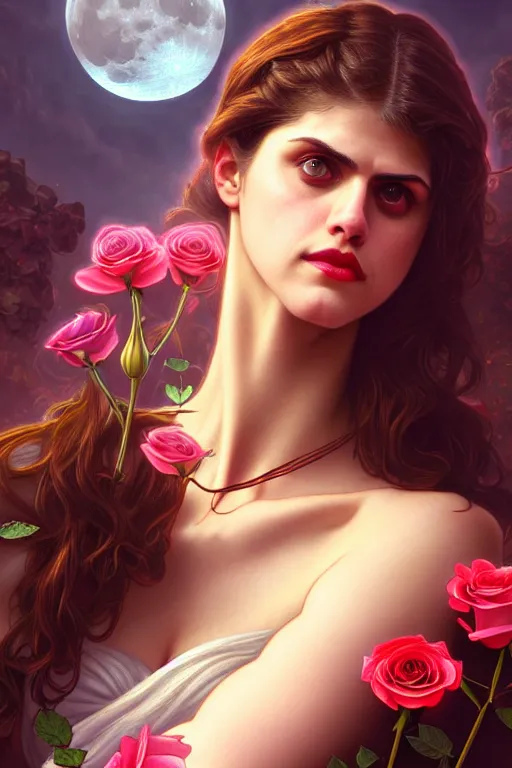 Prompt: photography alexandra daddario as a rose flower, dreamy, moonlight, deep focus, d & d, fantasy, complex, elegant, highly detailed, digital painting, artstation, concept art, matte, clear focus, illustration, hearthstone, artgerm art, greg rutkovsky and alphonse mucha