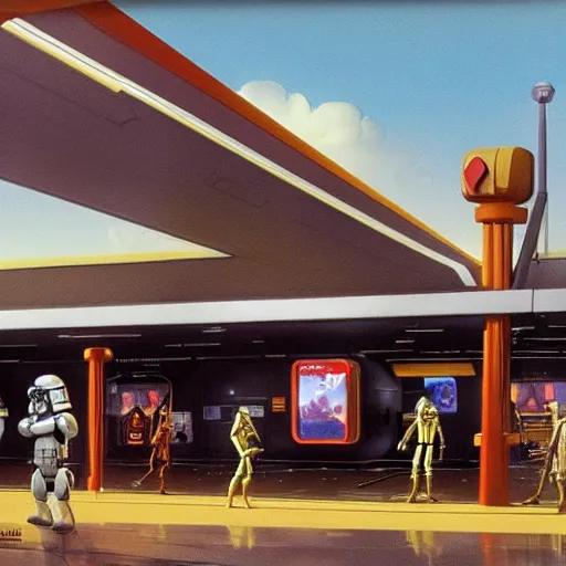 Image similar to intricately detailed ralph mcquarrie concept art of a futuristic mcdonalds with the golden arches displayed. a space station is seen off in the distance with various droids and people walking in the foreground. a trooper is seen holding a brown mcdonalds bag.