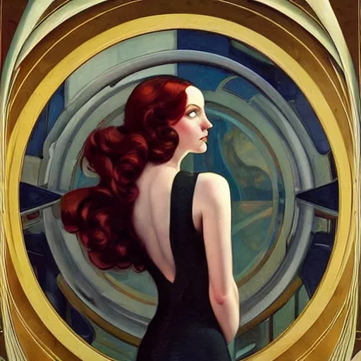 Image similar to a streamline moderne!!, art nouveau, ( ( dieselpunk ) ) painting in the style of charlie bowater, and in the style of donato giancola, and in the style of charles dulac. symmetry, smooth, sharp focus, dramatic lighting, semirealism, intricate symmetrical ultrafine background detail.