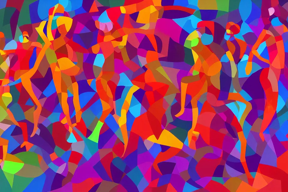 Prompt: a colorful, computer generated, abstract geometric intriguing render, abstract human figures dancing, autumnal colors