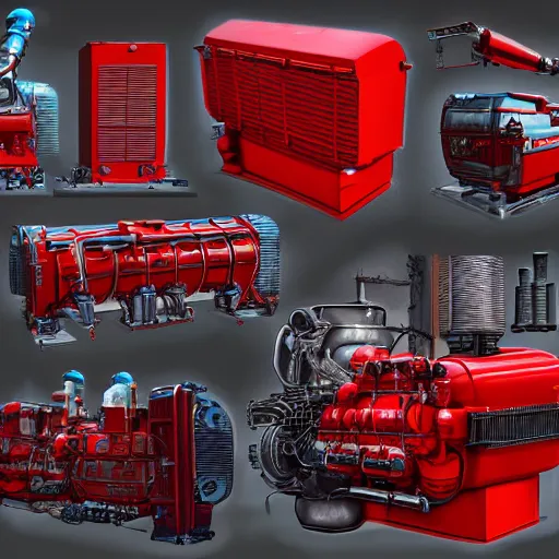 Image similar to highly detailed Red 2mw diesel generator, concept art, character art, studio lightning, bright colors, intricate, masterpiece, photorealistic, hyperrealistic, sharp focus, high contrast, Artstation HQ, DeviantArt trending, 4k UHD, Unreal Engine 5