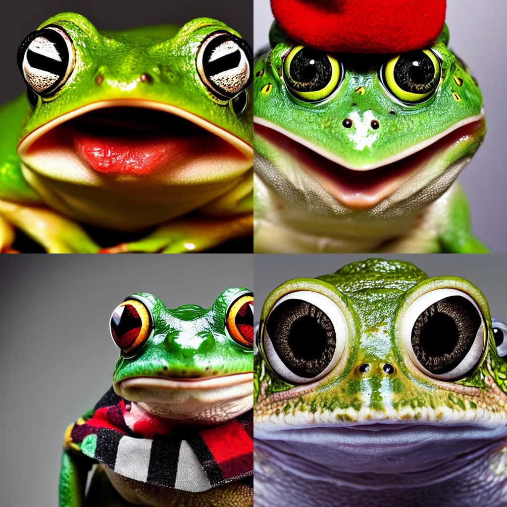 Prompt: 55mm close-shot photograph of a bemused frog with its mouth and eyes wide open. The frog is wearing a tartan hat. Studio lighting, studio photographic portrait, soft focus, flickr, trending