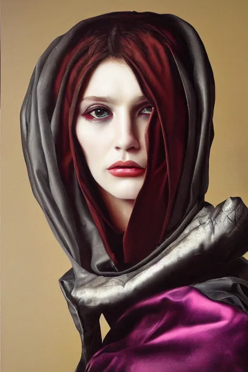 Image similar to hyperrealism oil painting, close - up portrait of european medieval brunette vampire fashion model, knight, steel gradient mixed with nebula sky, in style of baroque