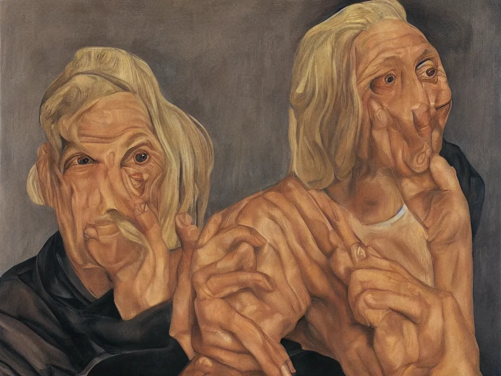 Image similar to portrait of a blonde Californian cult leader. Painting by Lucian Freud, August Sander.