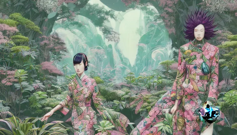 Image similar to a digital painting of a woman wearing gucci exploring a magical japanese temple, lush plants and flowers, eco - cyberpunk art by james jean, cgsociety, retrofuturism, anime aesthetic, chromatic, iridescent, uhd