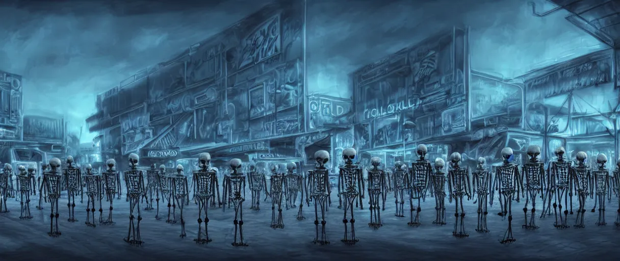 Prompt: hyperrealistic skeleton army mall in background ute osterwald jason limon concept art dramatic blue lighting wide angle hd 8k sharp shallow depth of field