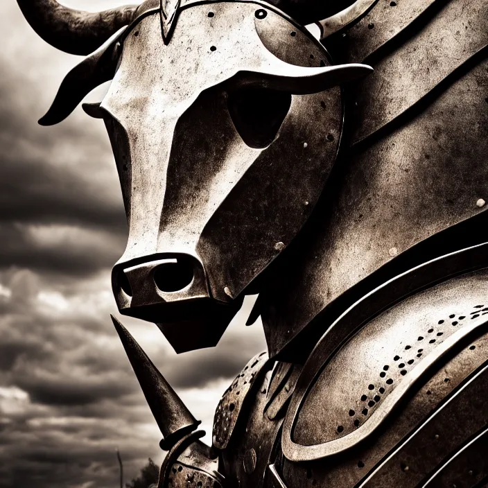 Image similar to photo of a warrior with metal cow themed armour, highly detailed, 4 k, hdr, smooth, sharp focus, high resolution, award - winning photo