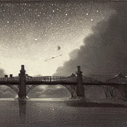 Image similar to The print shows a group of flying islands, each with its own unique landscape, floating in the night sky. The islands are connected by a network of bridges, and a small group of people can be seen walking along one of the bridges. by Franklin Booth artificial, melancholic