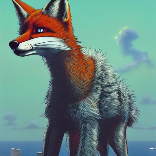 Image similar to a portrait of fox mccloud by peter elson, furry art, with a sci fi city background by syd dutton