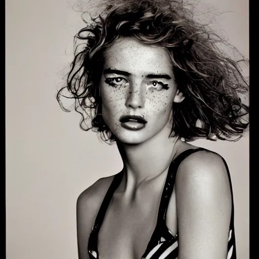 Image similar to a beautiful professional photograph by herb ritts and ellen von unwerth for vogue magazine of a beautiful lightly freckled and unusually attractive female fashion model looking at the camera in a flirtatious way, zeiss 5 0 mm f 1. 8 lens