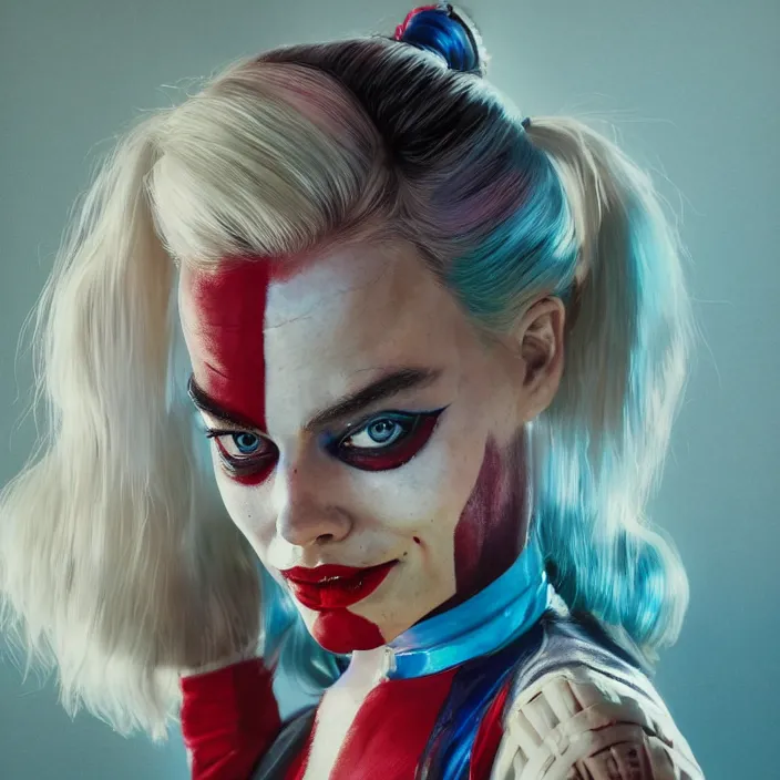 Image similar to portrait of Margot Robbie as a harley quinn. intricate abstract. intricate artwork. by Tooth Wu, wlop, beeple, dan mumford. octane render, trending on artstation, greg rutkowski very coherent symmetrical artwork. cinematic, hyper realism, high detail, octane render, 8k, iridescent accents