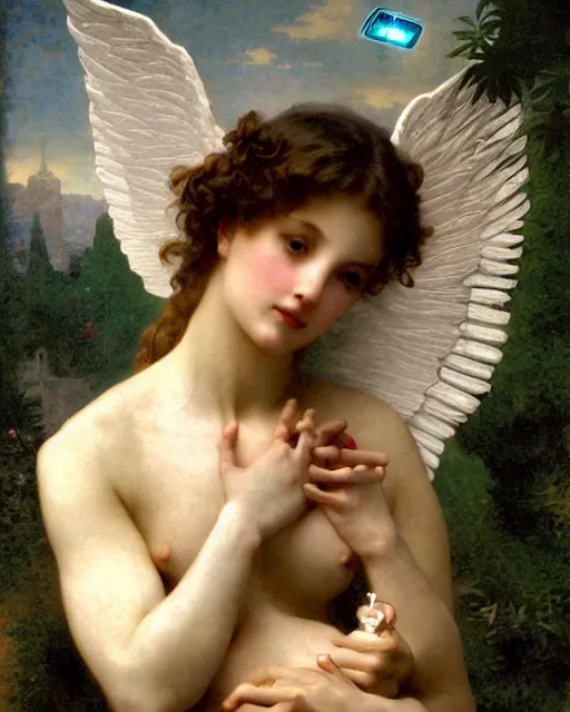 Prompt: graceful angel with solarpunk mecha humanoid robotic parts with bright led lights, pudica pose gesture, by bouguereau, ultra - realistic and intricate, hdr 8 k