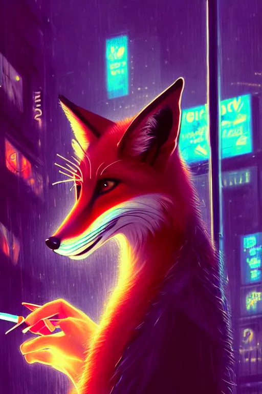 Prompt: beautiful portrait of a tall female anthro fox, smoking a cigarette in a crowd, a wet city street, cyberpunk, harsh neon lights, highly detailed, deep shadows, digital painting, shallow depth of field, illustration, art by sakimichan, artgerm