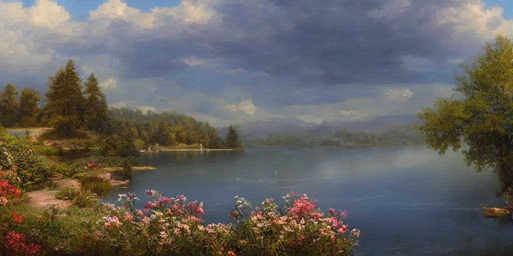 Image similar to a beautiful lake landscape in summer, by Ernest deutsch + Ted Nasmith, cinematic lighting, masterpiece, highly detailed, 8k resolution, trending on art station