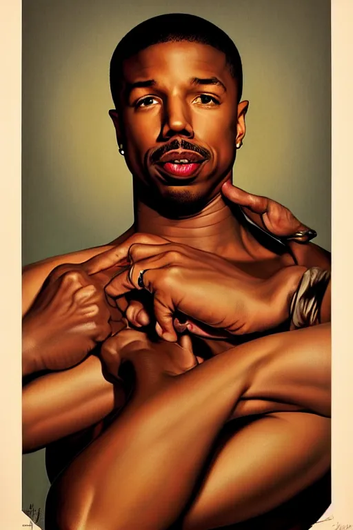 Prompt: michael b. jordan by gil elvgren and norman rockwell and rob gonsalves and hajime sorayama, hyperrealistic, high detail, ultra detailed, highly detailed face, ruffled fabric