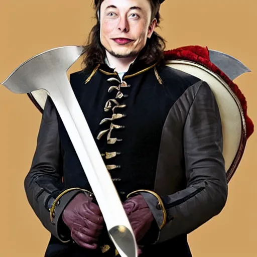 Prompt: photo of elon musk as a musketeer, he has a big black hat with a red feather, he is holding a shiny rapier sword and he is looking straight to the camera, studio lighting