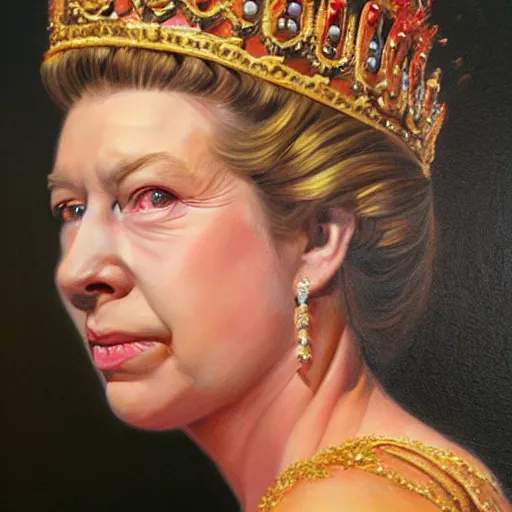 Image similar to ultra - realistic head and shoulders portrait painting of the queen. art by ken kelly. 4 k. ultra - realistic. highly detailed. epic lighting