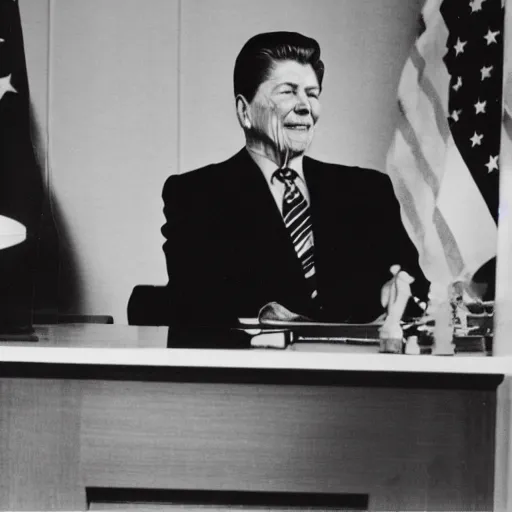 Image similar to [ ronald reagan sitting in chair next to tiger ]